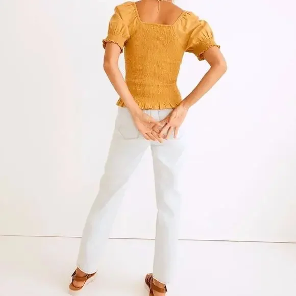 Madewell Lucie Gold Puff-Sleeve Smocked Bodice Top Size Medium NWT - Picture 5 of 11